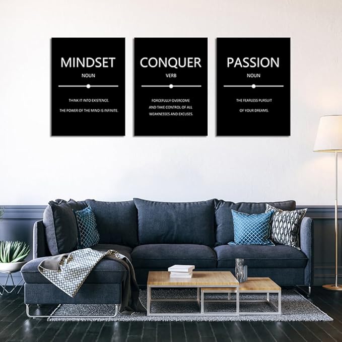 Unbruvo Motivational Wall Decor for Office, 3 Pieces Inspirational Canvas Wall Art, Mindset Passion Conquer Canvas Poster, Positive Quotes for Entrepreneur Meeting Room Lobby Bedroom(72''Wx 36''H)