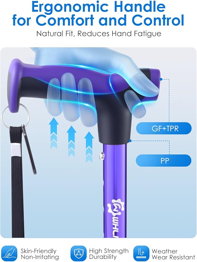 Adjustable Walking Cane for Women & Men for Stability, Self Standing Cane with Second Handle for Standing, 350lbs Heavy Duty Foldable Collapsible Folding Cane, Walking Sticks for Seniors & Adult