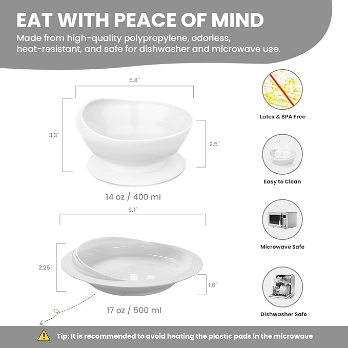 Spill Proof Scoop Plate and Bowl with Non-Skid Suction Base, Adaptive Self-Feeding Dinnerware for Elderly and Disabled(White)