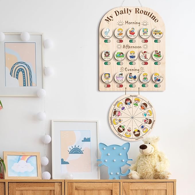 Personalized Wooden Daily Routine with Emotion Wheel, Daily Chore Chart for Kids, Behavior Chart at Home for Toddler, Visual Schedule with Feeling Wheel for Kids Boys Girls