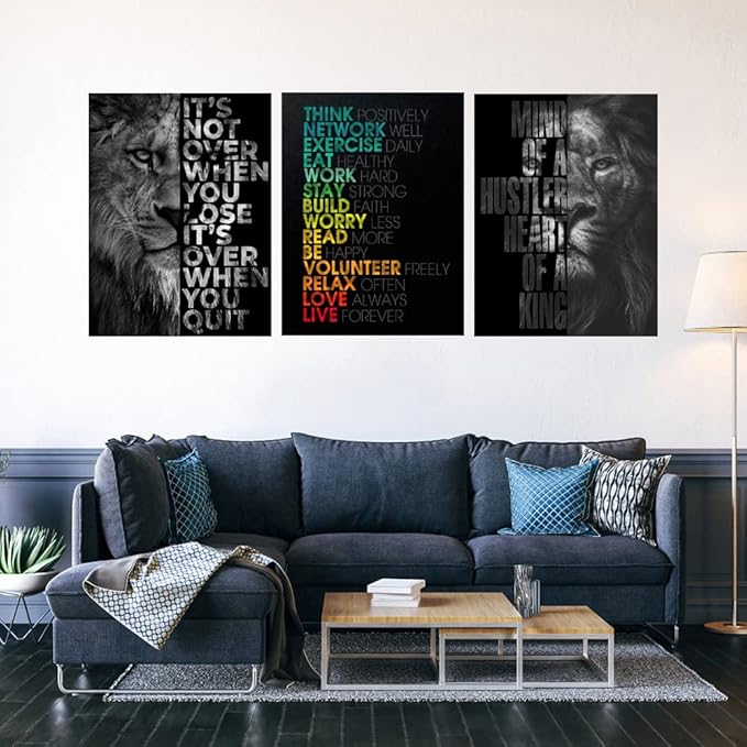 Unbruvo Motivational Office Wall Art Inspirational Canvas Wall Art Lion Picture Print Entrepreneur Quote Wall Painting 3 Pieces Artwork for Living Room Bedroom Classroom Home Decor(72”Wx36”H)