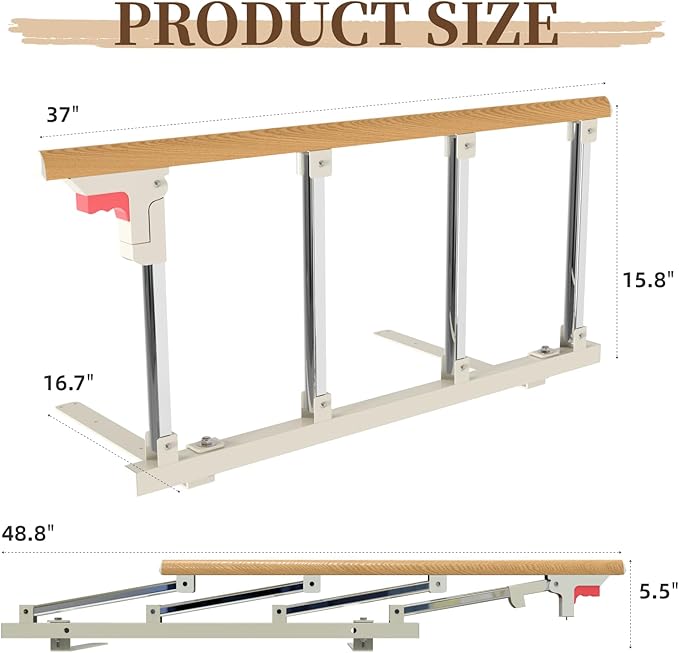 Bed Rails for Elderly Adults Safety, Folding Bedside Assist Rail Handle, Collapsible Bed Fence Preventing Falling for King, Queen, Full, Twin (Wood Color)