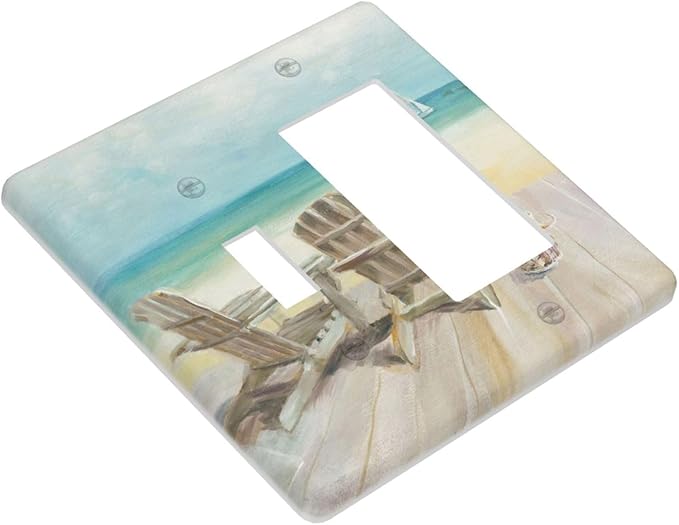 Light Switch Cover Beach Beach Chair Seascape Blue Ocean 2 Gang Toggle Rocker Combo Wall Plates Modern Coastal Decorative Switch Plates and Outlet Covers Receptacle Cover for Bathroom Bedroom