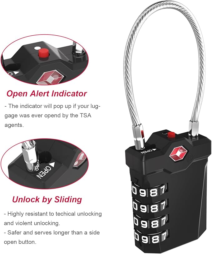 ZHEGE Travel Locks, TSA Approved Locks for Luggage, 4 Digit Cable Lock with Inspection Indicator for Luggage Suitcase, Backpack, Baggage, Easy to Read（4 Pack, Black）