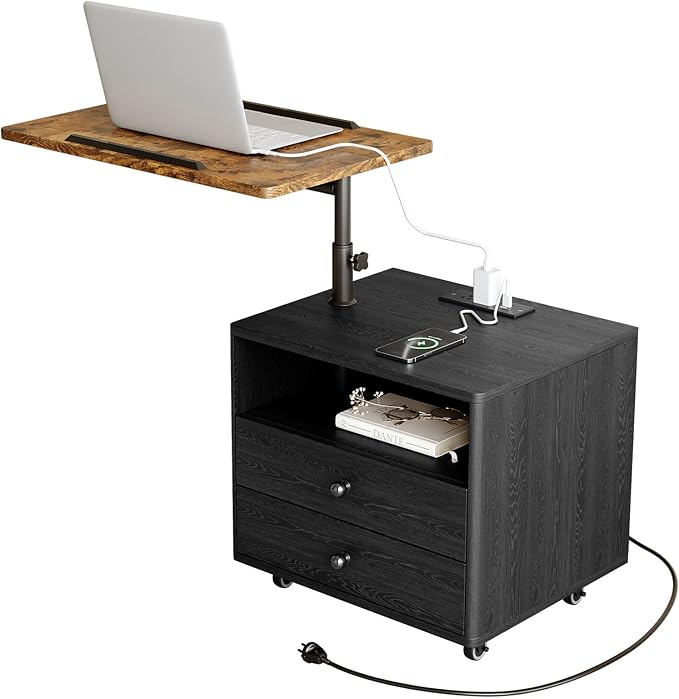 Bedroom Nightstand with Drawers & Charging Station, Adjustable Height Bedside Table with Wheels, Wooden Small Sofa Side Tables with Storage for Living Room, Black Brown