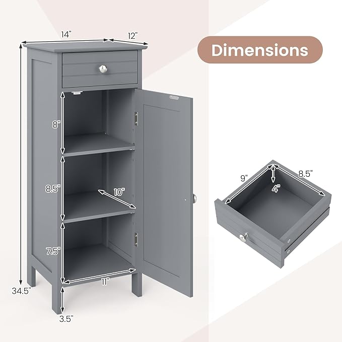 GLACER Floor Storage Cabinet, Multifunctional Bathroom Storage Cabinet with 2 Adjustable Shelves, Ideal for Bathroom, Living Room, 14 x 12 x 34.5 inches (Grey)