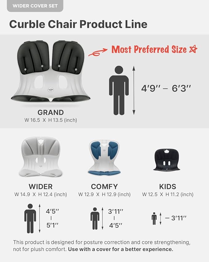 curble Wider(Standard Wide) Cover Set – Lower Back Support Chair with Detachable Cover, Lumbar Support Back Posture Corrector, Back Pain Relief (Set Black)