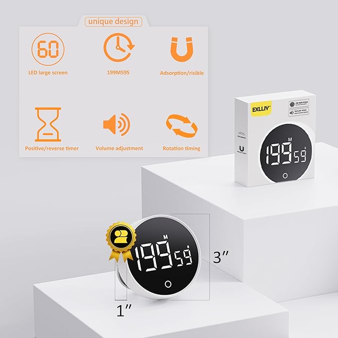 Digital Kitchen Timer, Rechargeable Magnetic Visual Timer with Large LED Display, Adjustable Volume for Classroom, Cooking, Fitness, Baking, Kids Learning & Teaching (1, White)