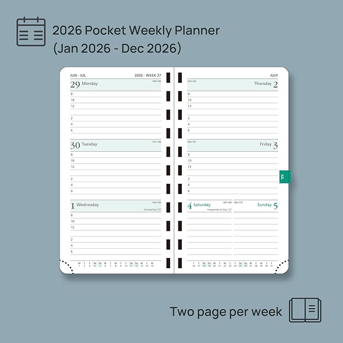 POPRUN 2026 Pocket Planner (Slim Size 3.5" x 6.5") Weekly and Monthly Calendar for Purse, with Hourly Time Slots, 100GSM Thick Paper, Spiral Soft Cover, Pen Holder - Blue Green
