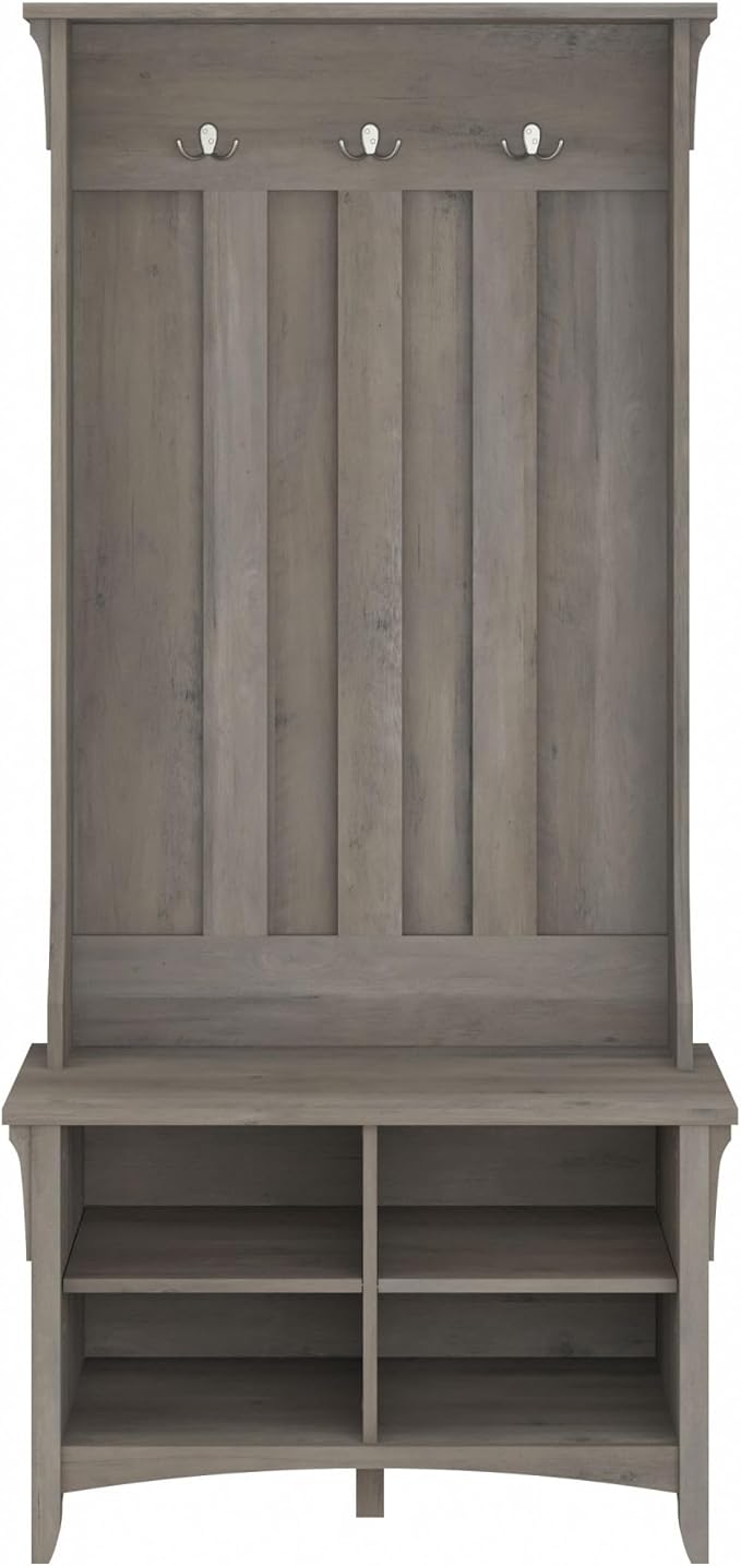 Bush Home Salinas Hall Tree with Shoe Storage Bench in Driftwood Gray, Multi-Purpose Home Organizer, Entryway Solution with Seating and Hooks