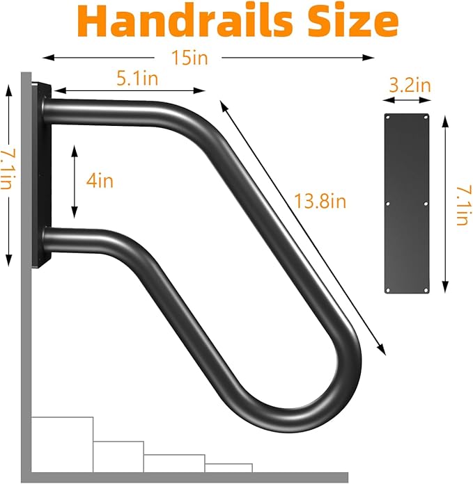 Handrails Wall Mount Stair Safety Handle Non-Slip Step Metal U-Shape Grab Yard Mounted Garage Porch Garden Hand Railings Powder Coated Heavy Duty Indoor or Outdoor Safe Bars Black for 1 to 3 Steps