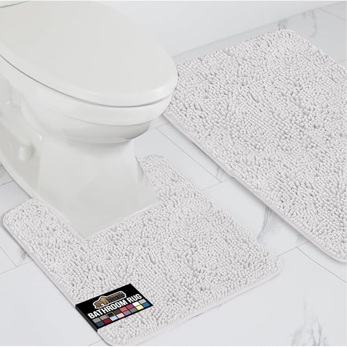 GORILLA GRIP Bathroom Rug Sets, Soft Chenille 2 Piece Area Rugs Set, Toilet Base Mat and 30x20 Carpet, Absorbent Microfiber Washable Mats Dry Quickly, Home Décor and Bath Room Accessories, White