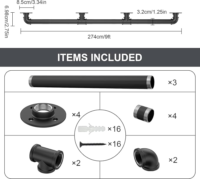 9FT Industrial Stair Railing Wall Mount Staircase Handrail φ1.3 Pipe Hand Rail for Steps Grab Bar Foot Rail Vintage Pipe Railing Black Deck Handrail for Outdoor Indoor Stairs Porch