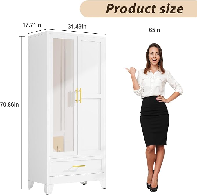 Metal Wardrobe Storage Cabinet with Mirror and Hanging Rod,71'' Metal Clothing Cabinet with 2 Doors and Drawer for Bedroom, Laundry Room, Cloak Room (White)