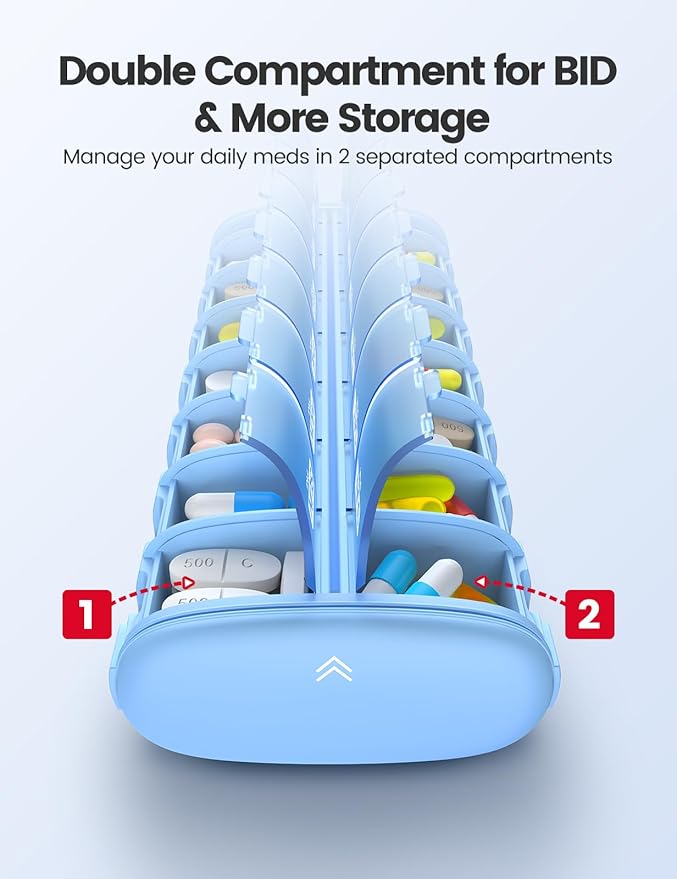 Vaydeer Metal 7 Day Pill Organizer 2 Times a Day – AM PM Weekly Travel Pill Case with Moisture-Proof Desiccant, Airtight Large Capacity Pill Box for Vitamins, Medications & Supplements (Silver)