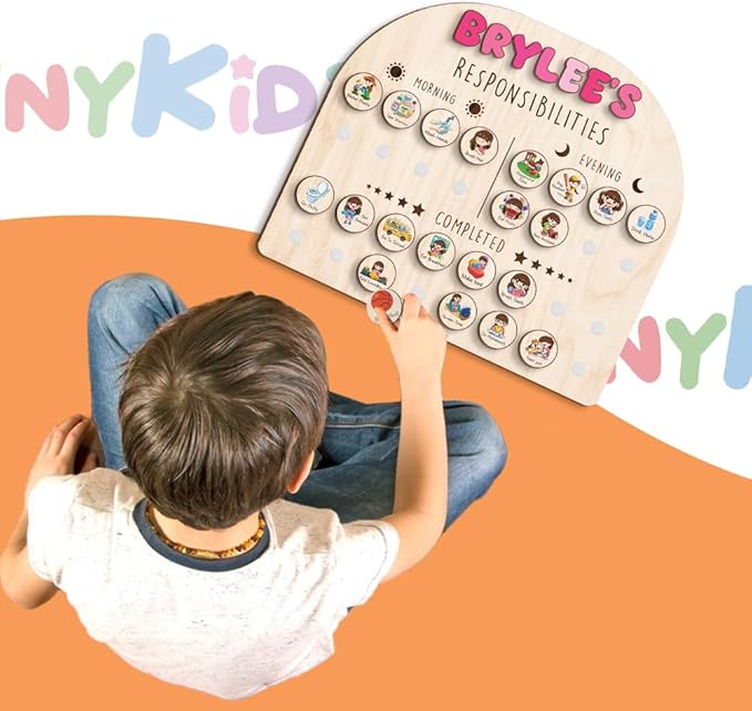 Wooden Chore Chart for Kids Visual Schedule, Routine Chart for Kids, Morning Bedtime Routine Chart for Toddlers Ages 2-4, Daily Kids Schedule Board for Home (09)