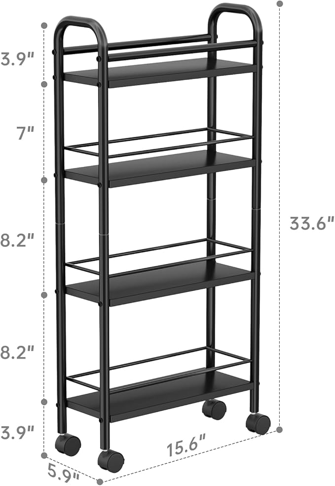 Slim Storage Cart, 4-Tier Narrow Rolling Cart with Handle, 5.9 Inches Deep, Slim Bathroom Shelf for Small Spaces, Kitchen, Dining Room, Living Room, Bathroom, Laundry Room, Black