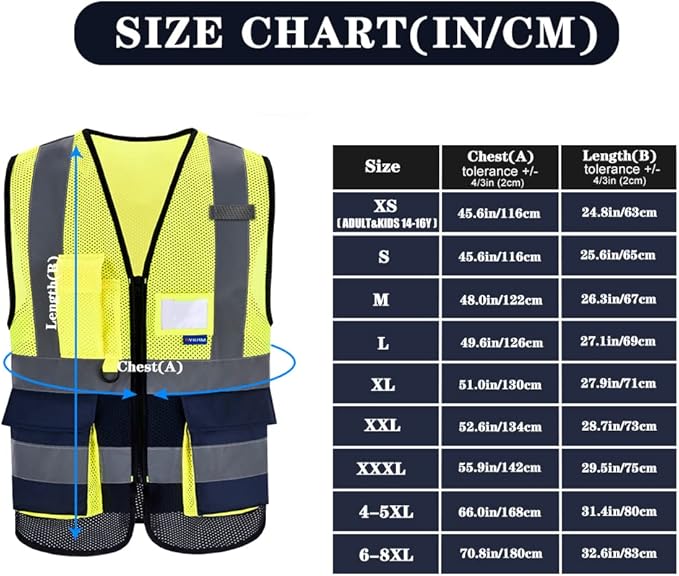 A-SAFETY High Visibility Safety Vest with 4 Reflective Strips 7 Pockets,Yellow&Navy X-Small