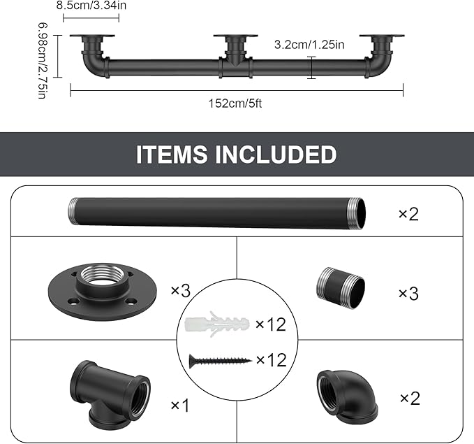 5FT Industrial Stair Railing Wall Mount Staircase Handrail φ1.3 Pipe Hand Rail for Steps Grab Bar Foot Rail Vintage Pipe Railing Black Deck Handrail for Outdoor Indoor Stairs Porch