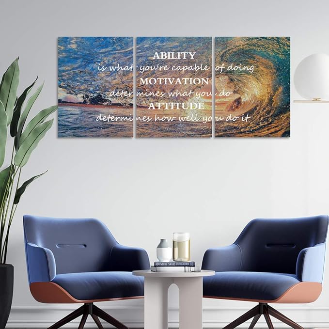 Inspirational Posters Motivational Wall Art Canvas Painting Sunrise Blue Sea Ocean Natural Landscape Wall Decor Sunset Ocean Beach Wall Art Poster Seascape Prints Artwork Wooden Framed - 36" Wx16 H