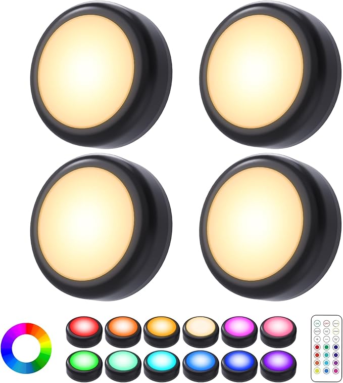Cadrim Puck Lights, 4 Pack 13 Colors Changeable LED Puck lightings Battery Powered Dimmable Under Cabinet Lights, Battery Powered Under Counter Lights with 1 Wireless Remote Controls, Black