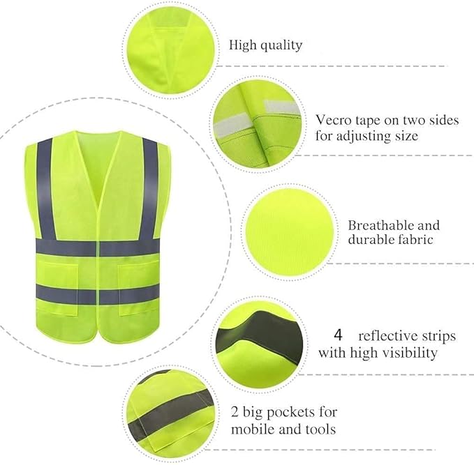 JSungo High Visibility Safety Vest 10 Pack, Yellow Reflective Vest with 2 Inch Hi vis Silver Strip, Construction Vest for Men & Women, Universal Size