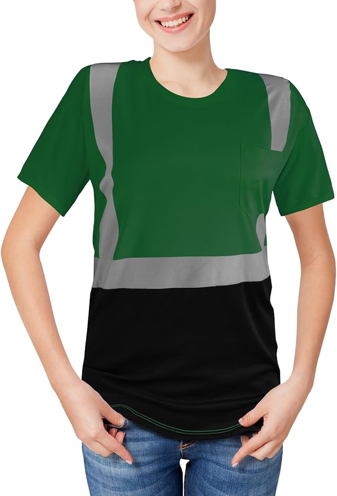 High Visibility Shirts Quick Dry Safety T Shirts with Reflective Strips and Pocket Short Sleeve Mesh Hi Vis Construction Work Class 2 Shirt for Men/Women Black Bottom Green,Small