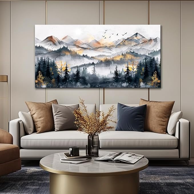 KELIYUAN Abstract Wall Decor Large Wall Art For Living Room Office Decoration Ink Mountain Landscapes Wall Painting Misty Forest Pictures Bedroom Canvas Artwork Ready To Hang Home Decor 24"x48"