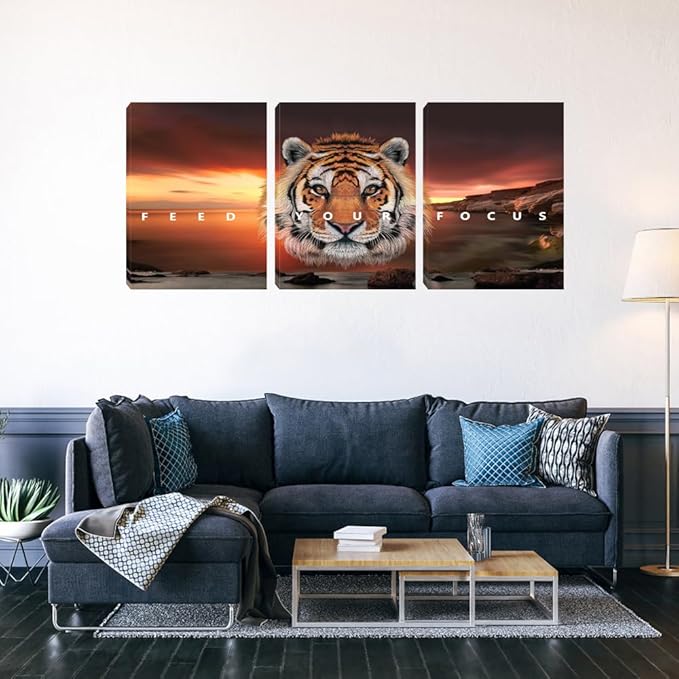 Motivational Wall Art, Inspirational Canvas Wall Art for Office, 3 Pieces Tiger Painting Posters Prints for Entrepreneur Living Room Bedroom Dorm(48''Wx24''H)