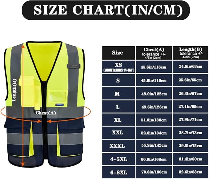 A-SAFETY High Visibility Safety Vest Reflective, 3M Multi Pockets Working Vest Zipper Front Class 2, Yellow&Navy, L