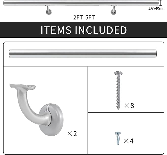 2FT Modern Aluminum Handrail Set, handrails for Indoor Stairs,Deck,Slope, Wall Mounted Staircase handrails, Zink Alloy Brackets Included,Rust Free. (Anodized Silver, 2 FT)