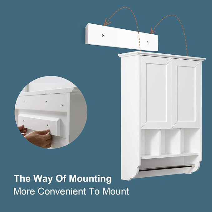 White Bathroom Wall Cabinet with Towel Bar,Wooden Medicine Cabinet Adjustable Shelves,23x32 Inch Kitchen Cabinet,Over Toilet Storage Cabinet for Bathroom,Kitchen,Laundry