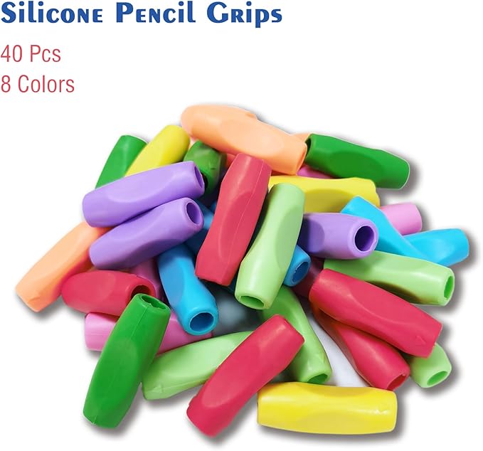 Ergonomic Pencil Grips 40 Pcs with 8 Colors, Silicone Pencil Holders for Kids Handwriting, Toddler Gel Pencil Cushion Grippers, Triangle Pen Grips for Adults Writing Aid, Classic