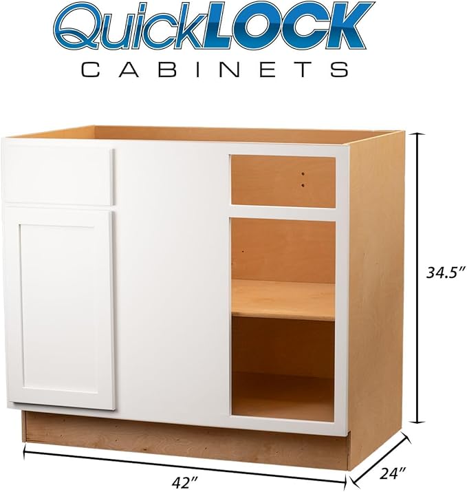 Quicklock RTA (Ready-to-Assemble) | Base Kitchen Cabinets - Shaker Style | Made in America (Pure White, 42" Wx34.5 Hx24 D Blind Corner)