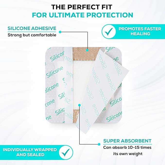 MedVance Bordered Adhesive Silicone Foam Dressing Pack of 10 - Waterproof Silicone Pad - Easy Apply & Remove Sterile Bandages - Wound Care & Dressings for Burns & More (3"x3" Bandage, 1.8"x1.8" Pad)