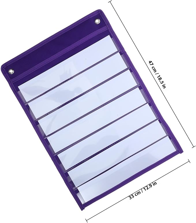 Hanging Pocket Chart Organizer Pouch Polyester Iron Material 10 Dry Erase Cards for Classroom, Wall or Door, Schedule Memo Note Storage Bag Purple