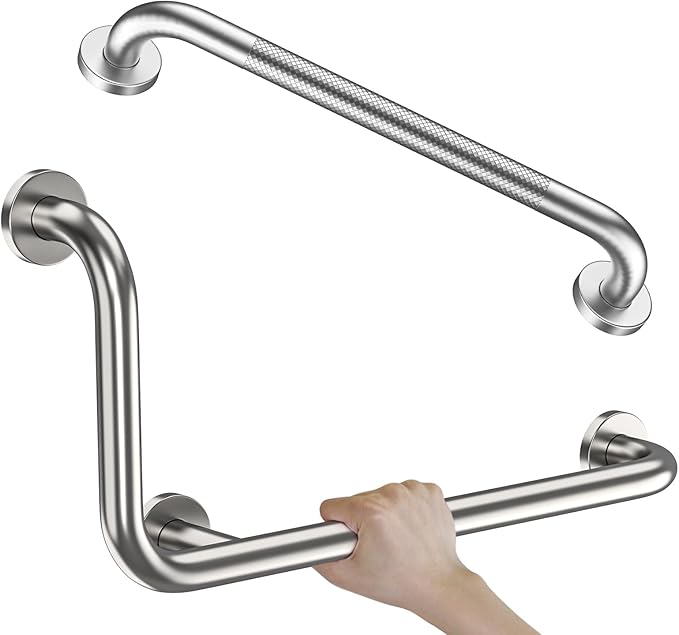 Brushed Nickel L-Shaped Grab Bar 12x24 Inch + Knurled Shower Grab Rail 20 Inch, Zepolu Stainless Steel Toilet Safety Bar 90 Degree, Angled Balance Support Assist Bar, Bathroom Mobility Aid Handrail