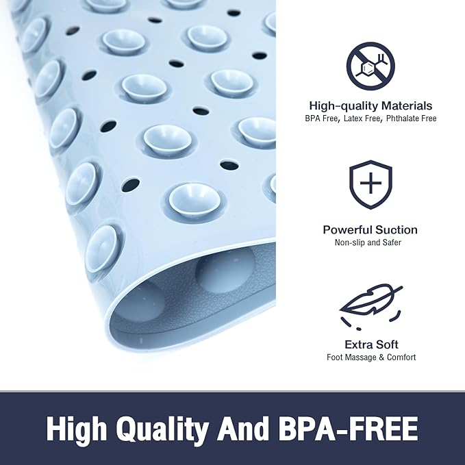 Extra Long Bathtub Mat Non Slip, Light Blue Soft Bath Mat for Tub 40 x 16 Inch Full Size, Bath Tub Shower Mats for Bathroom Floor, Big Suction Cups and Drain Holes, Easy Washable, BPA Free