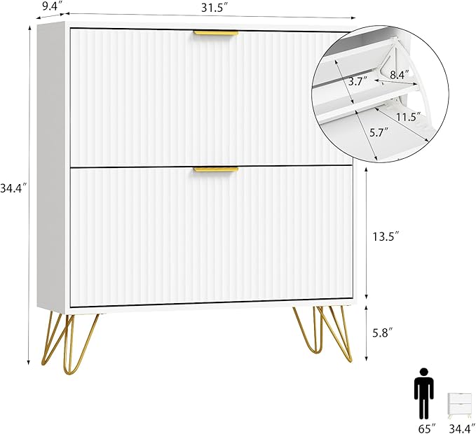 Shoe Storage Cabinet with 2 Flip Drawers, 31.5" W Fluted Shoe Cabinet for Entryway, Hidden Shoe Cabinet Storage, Narrow Free Standing Shoe Orgnaizer Rack Cabinet for Foyer Hallway, White