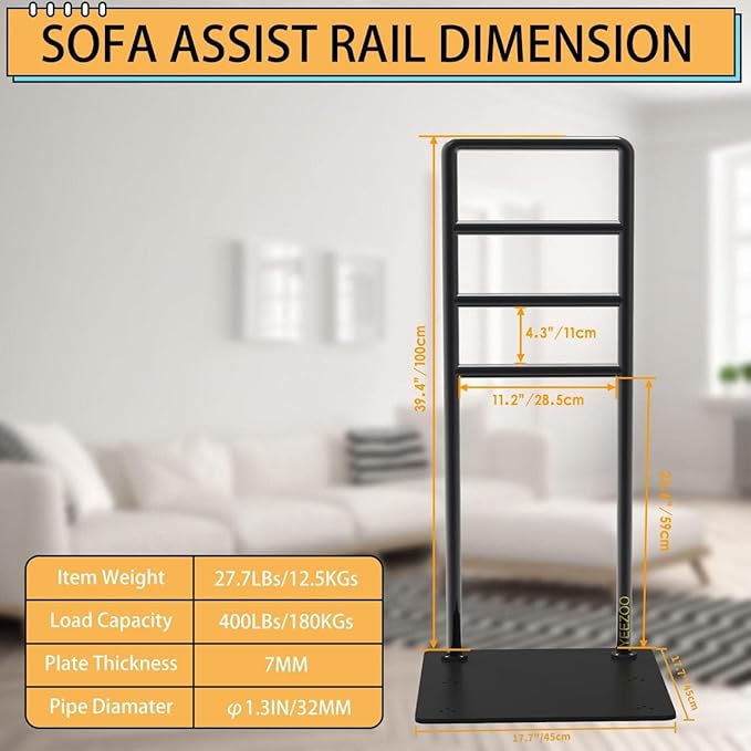 YEEZOO Chair & Couch Stand Assist bar, Stand Assist Rail with Non-Slip Covers, Four Heights Heavy Duty Assist bar for Seniors Elderly, Adults and Others who Need Extra Help(Polished Black)
