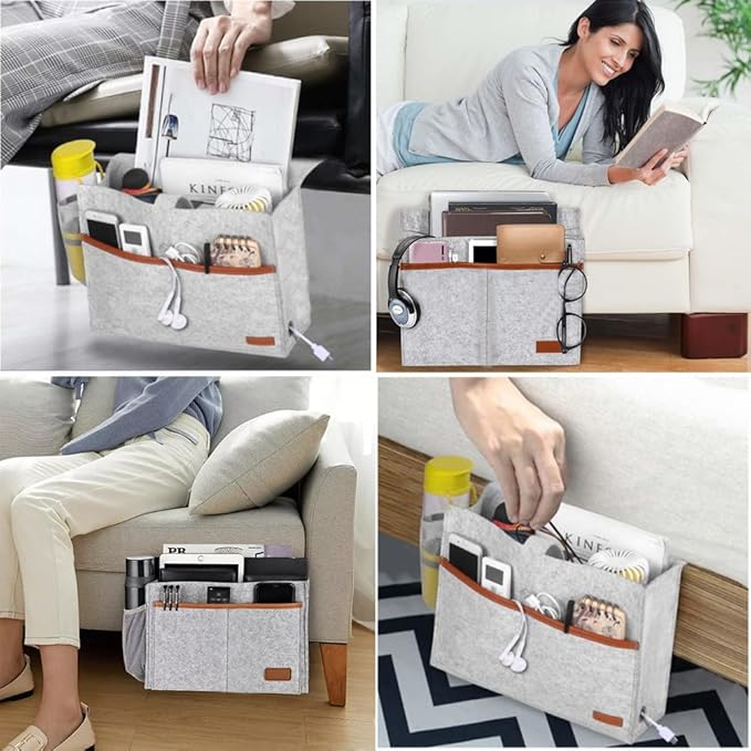 Bedside Caddy,Felt Bedside Storage Organizer, Hanging Storage for Dorm Bed Sofa for tablet Magazine Phone Remotes Water Bottle Holder (Grey)