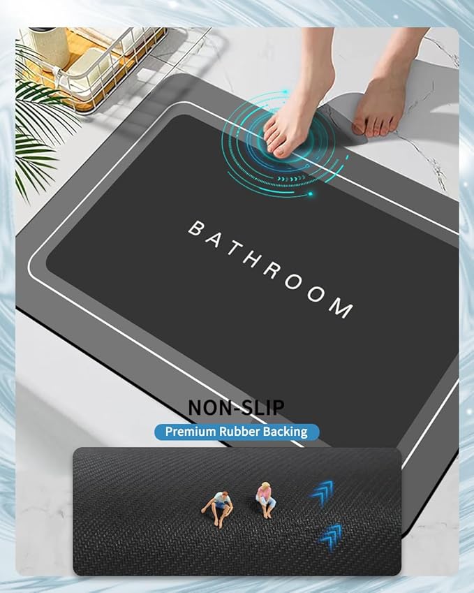 Bath Mats 20x32 Inch, Modernized Magic Mat Bathroom, Rubber Anti Slip Quick Drying Absorbent Bathroom Rug, Shower Room Rugs for in Front of Bathtub, Sink, Dark Gray