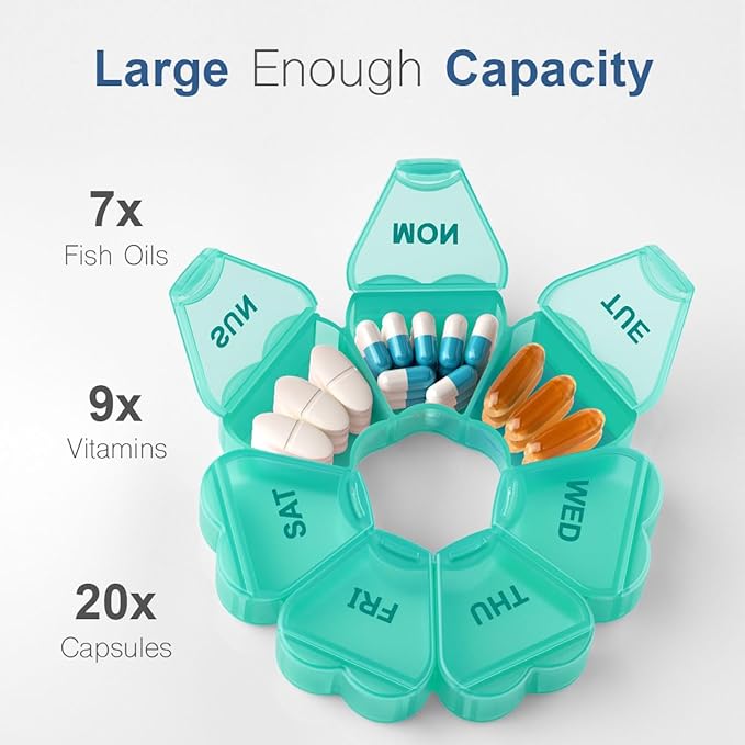 Large Weekly Pill Organizer, Pill Box 7 Day, KAPENS Daily Vitamin Case Large Capacity Compartments, Pill Containers for Fish Oil Medicine Supplements, Green