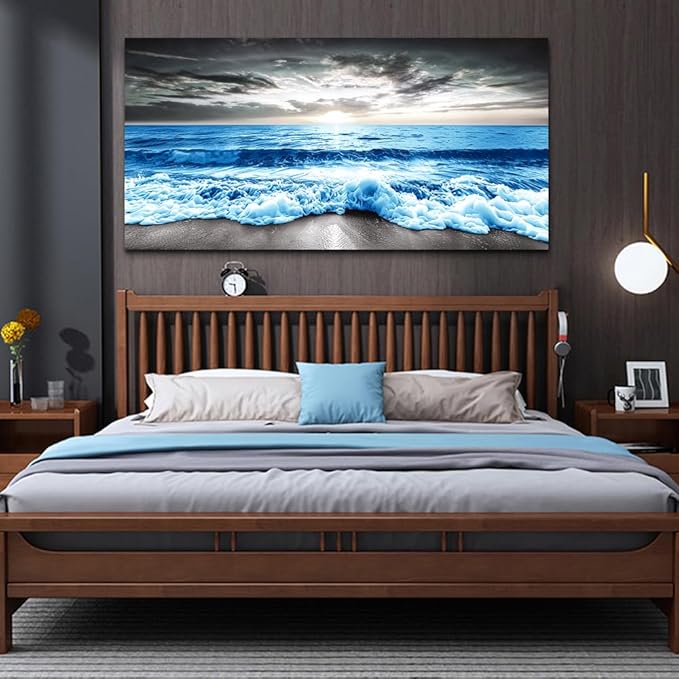 MHARTK66 Large Wall Decor For Office Framed Wall Art For Living Room Modern Bedroom Wall Decor Blue Beach Sun Ocean Landscape Canvas Prints Wall Paintings Seascape Pictures Artwork Home Decor 60x30