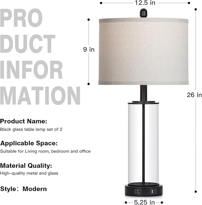 26" Black Glass Table Lamp for Living Room Single, 3-Way Dimmable Bedside Lamps with USB C+A Ports & AC Outlet, Modern Touch Control Bedroom Lamp for Nightstand Side End Table (Bulb Included)