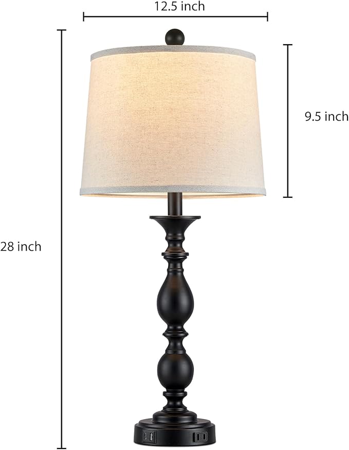 28" Tall Modern Table Lamps Set of 2 with USB C+A Ports and AC Outlet, 3 Way Touch Metal Bedside Lamps for Living Room, Black Farmhouse Nightstand Lamps for Bedroom