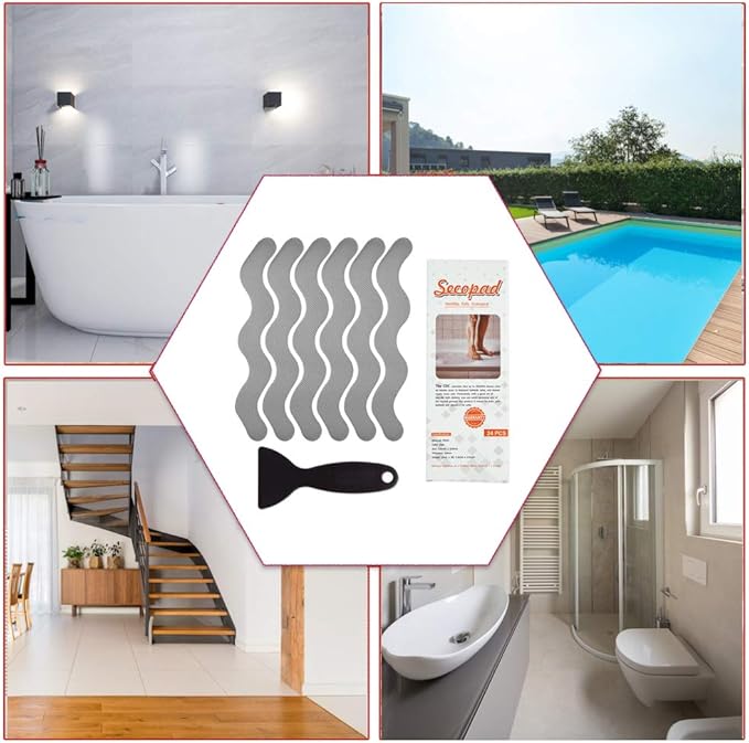 Anti Slip Shower Stickers, Adhesive Decals Safety Strips with Scraper for Bath Tub, Shower Floor, Stairs, 24 Pieces (Gray)