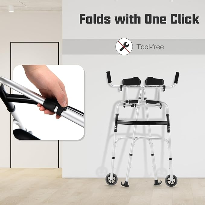 Folding Walkers for Seniors, Upright Walker with Seat, Removable Arm Support & 5" Wheels, Height Adjustable Platform Walker Mobility Aid for Elderly