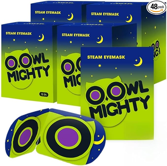 OOwl Mighty Steam Eye Mask, 48 Pack Disposable Self-Heating Warm Compress for Dry Eyes, Puffy Eyes, and Fatigue Relief, Unscented Heated Sleep Mask for Travel, Spa, Home & Gifts for Women & Men