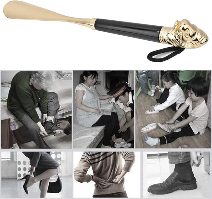 Shoe Horn, Long Handled Metal Lion Head Shoe Lifter with Non-Slip Handle, Beech Wood and Brass, 49cm for Men and Women